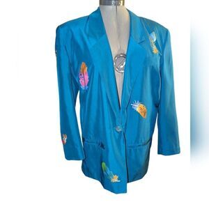 Vintage Elisa teal silk‎ with feather details jacket boho